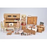 Puppenküche- und Schlafzimmer Möbelprogramm, Küchenschrank H 22 cm, Tisch, 2 Stühl