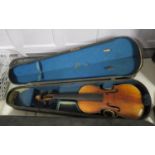 3/4 violin in wooden sarcophagus case 33cm by 19cm