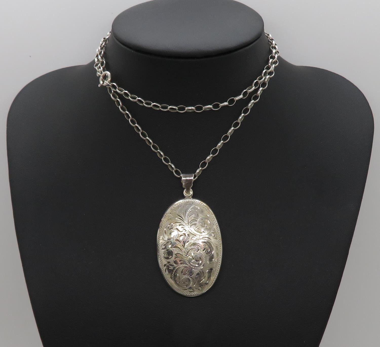 Double sided engraved locket on 24" belcher chain silver