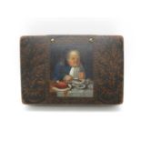 Mother of Pearl snuff box in papier mache 2.5" x 4" with painting of man eating meat C18th century