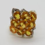 9ct gold dress ring set with Mexican fire opals and diamonds fully HM size N 5.4g