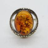 Vintage silver ring set with amber size P