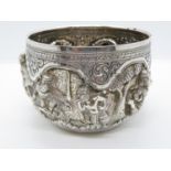 Persian silver bowl 4.5" dia. 293g highly embossed with leisure scenes in garden