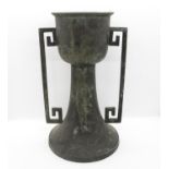 Archaic oriental bronze holder with intricate silver detail and great patina 10" high x 6" diameter