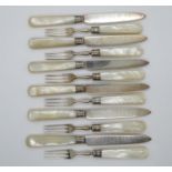 Set of 12x Mother of Pearl handles silver HM knives and forks total weight 450g