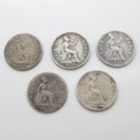 5x early silver fourpence coins 1836, 1837, 1848, 1855 and 1858