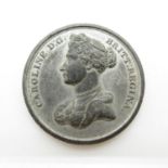 Coin depicting Caroline - Hail Britain's Queen the virtue we acknowledge and lament thy wrong,