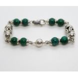 Celtic style silver bracelet set with malachite beads 7.5" 21.5g