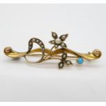 Victorian 9ct gold brooch set with turquoise and pearls in fitted case