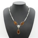 Silver necklace set with baltic amber Sheffield marks 1995 18" 30.5g