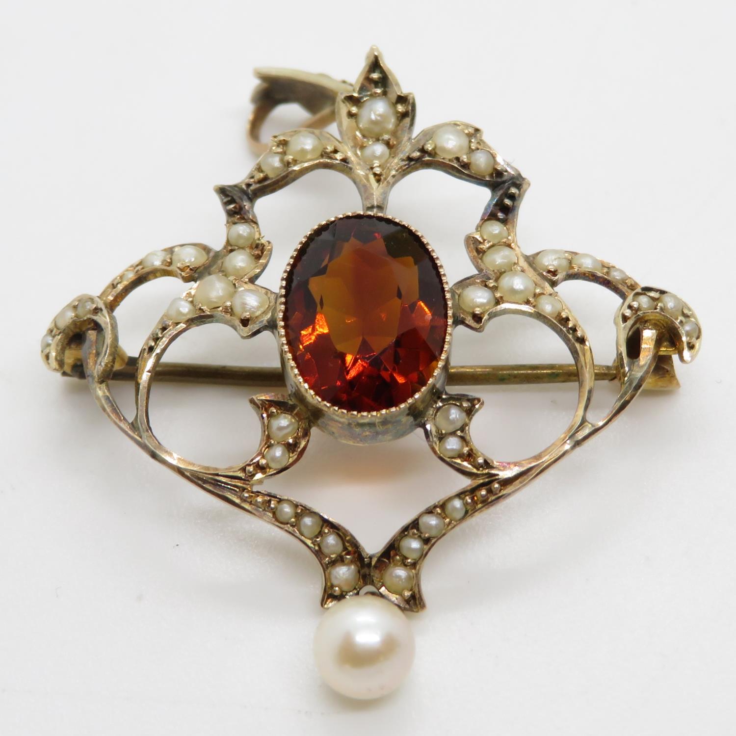 Victorian 9ct gold citrine and pearl brooch pendant C1890
