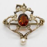 Victorian 9ct gold citrine and pearl brooch pendant C1890
