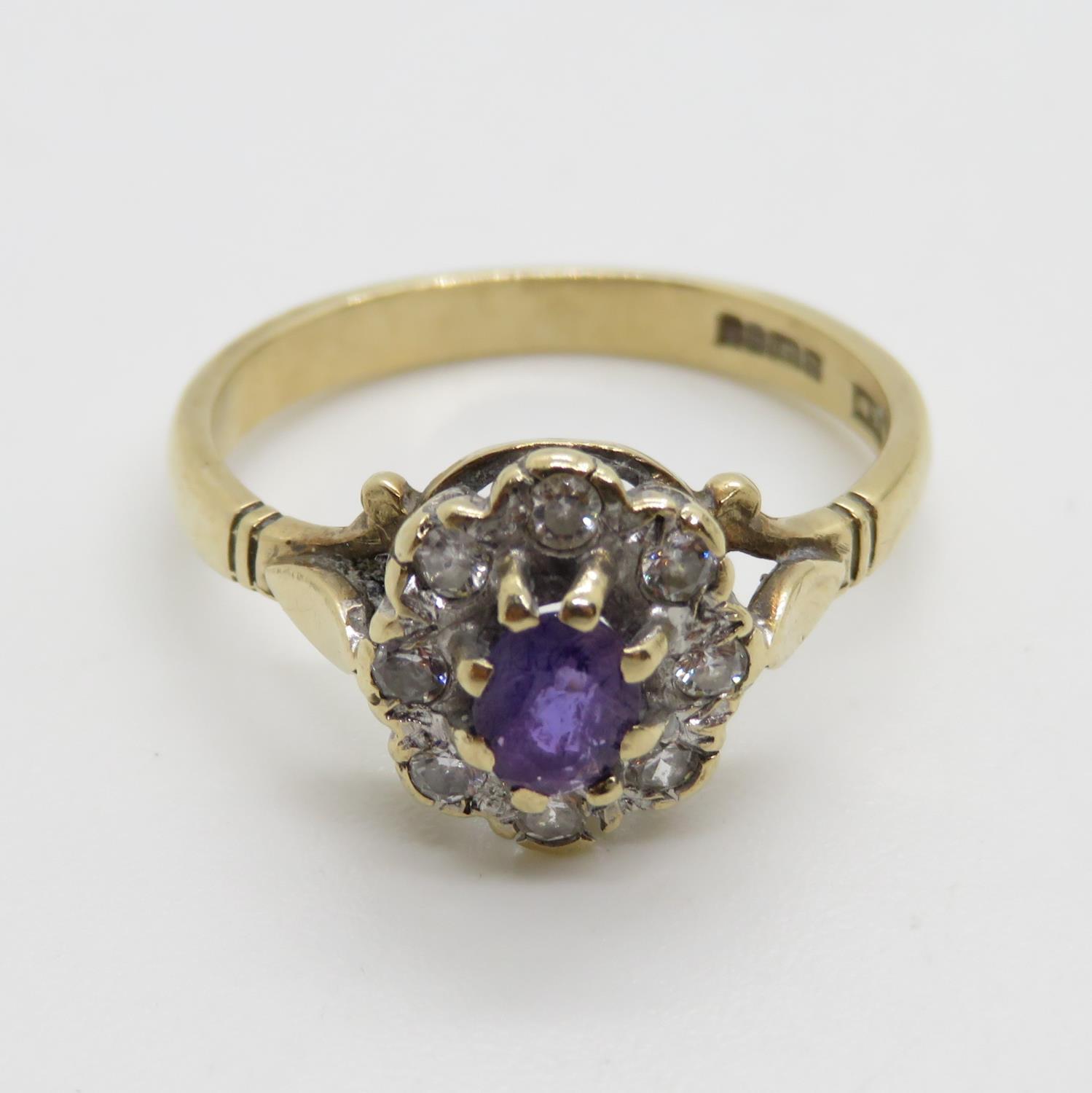 Vintage 9ct gold amethyst and diamond cluster ring size O - Image 2 of 3