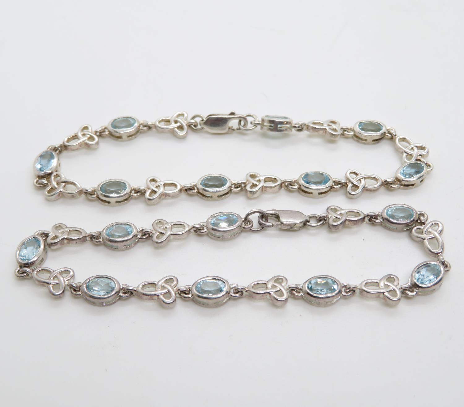 2x Celtic silver bracelet set with oval blue topaz stones matching pair fully HM 7.5" 20g