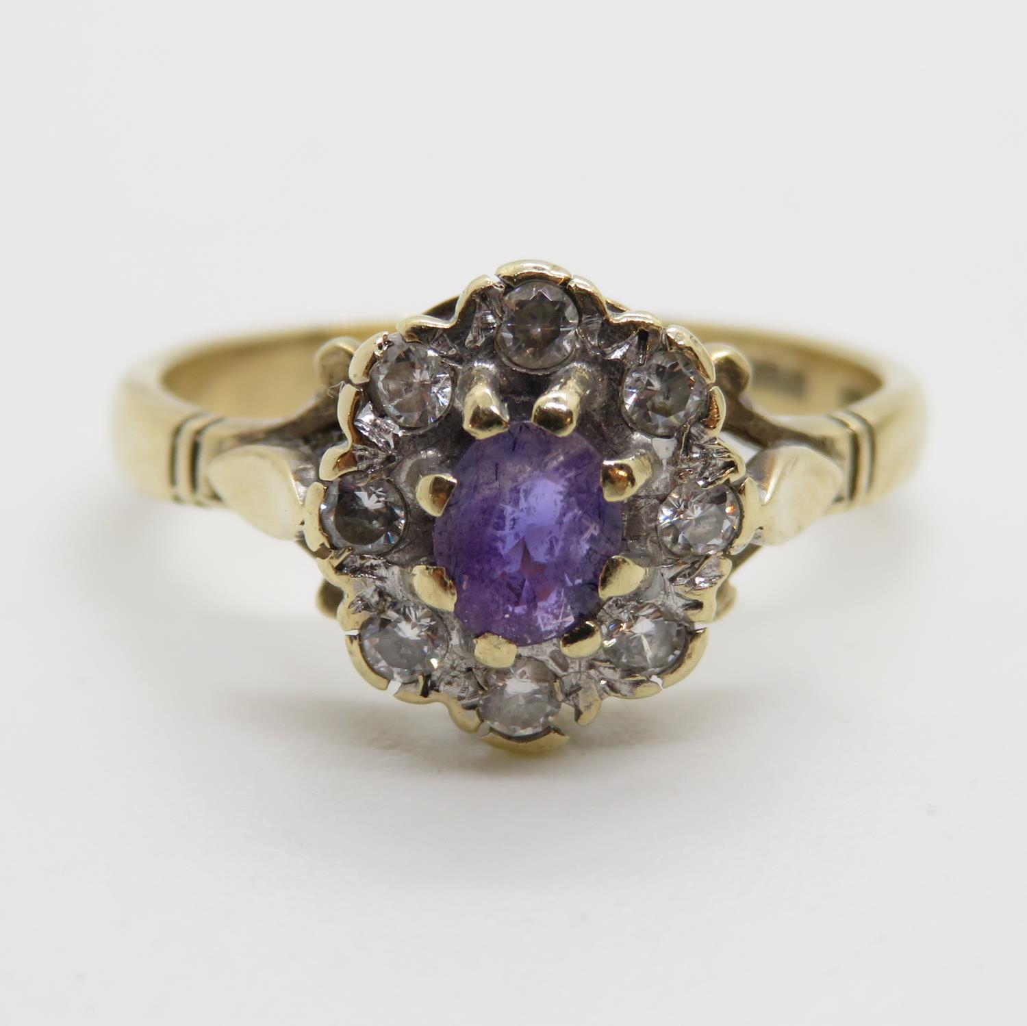 Vintage 9ct gold amethyst and diamond cluster ring size O