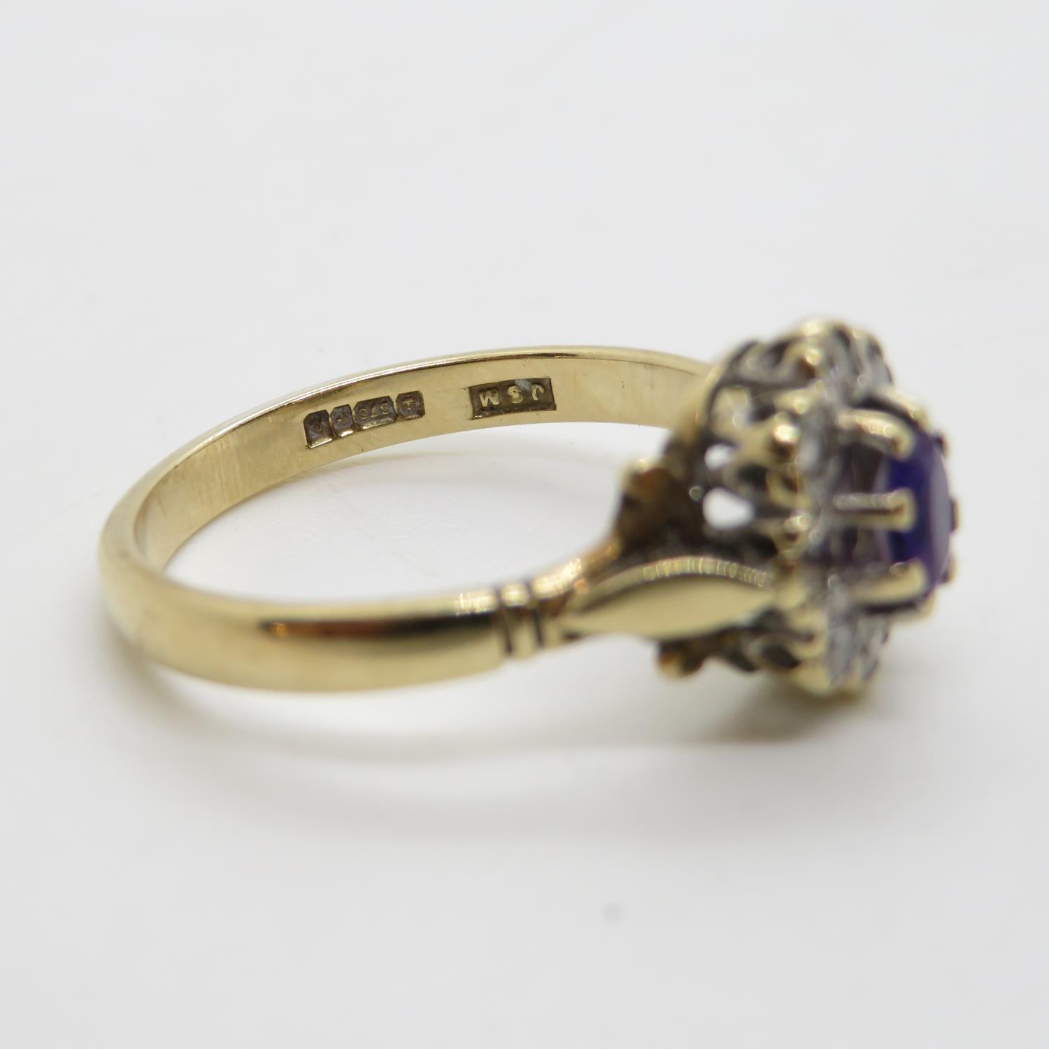 Vintage 9ct gold amethyst and diamond cluster ring size O - Image 3 of 3