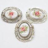 3x silver hand painted porcelain brooches C1950