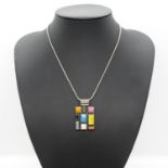 Multi coloured enamel pendant on silver chain - pendant HM silver 25.4g