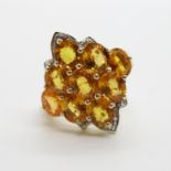 Stunning 9ct gold dress ring set with Mexican fire opals and diamond fully HM size N 5.4g