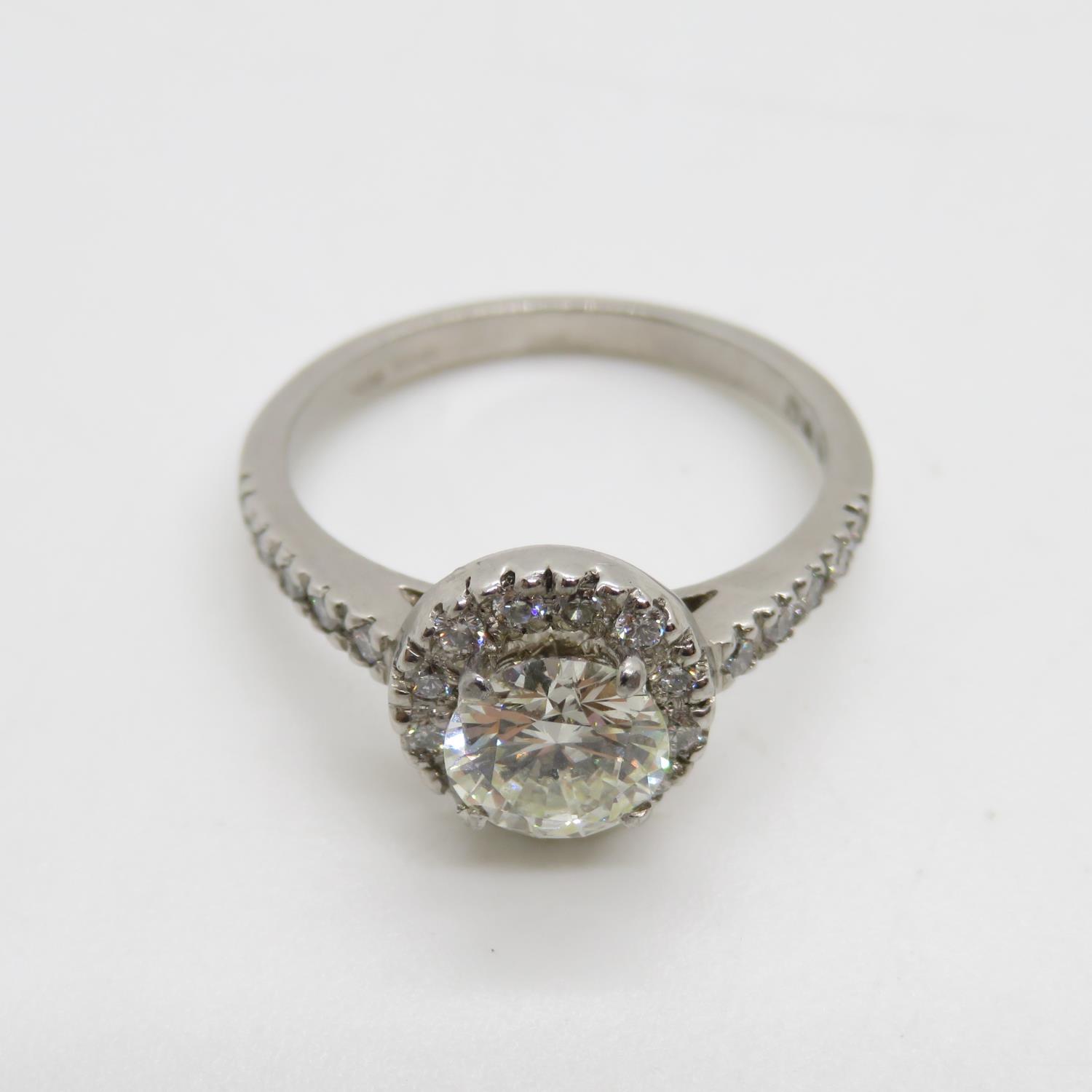 1ct diamond and platinum halo solitaire ring size M I/J colour SI2 clarity - Image 2 of 4