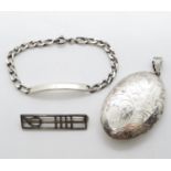 2" silver locket along with silver Mackintosh brooch and silver ID bracelet 34g