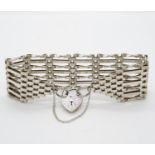 Silver T Bar gate bracelet with lock and chain London 1974 HM 7.5" 28g