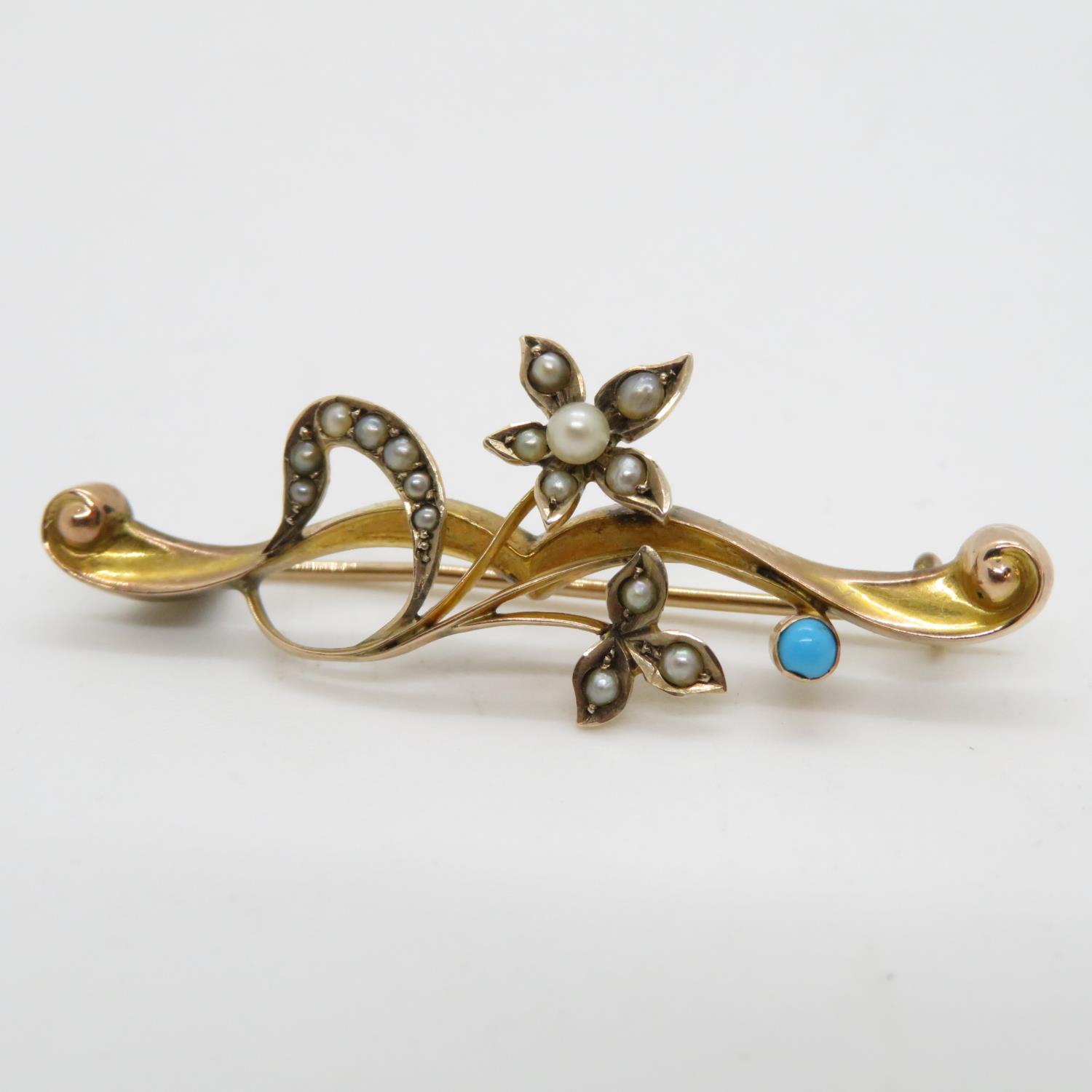 Victorian 9ct gold brooch set with turquoise and pearls in fitted case - Image 2 of 3