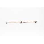 3 x antique 9ct gold stick pins inc garnet, seed pearl 2.7g