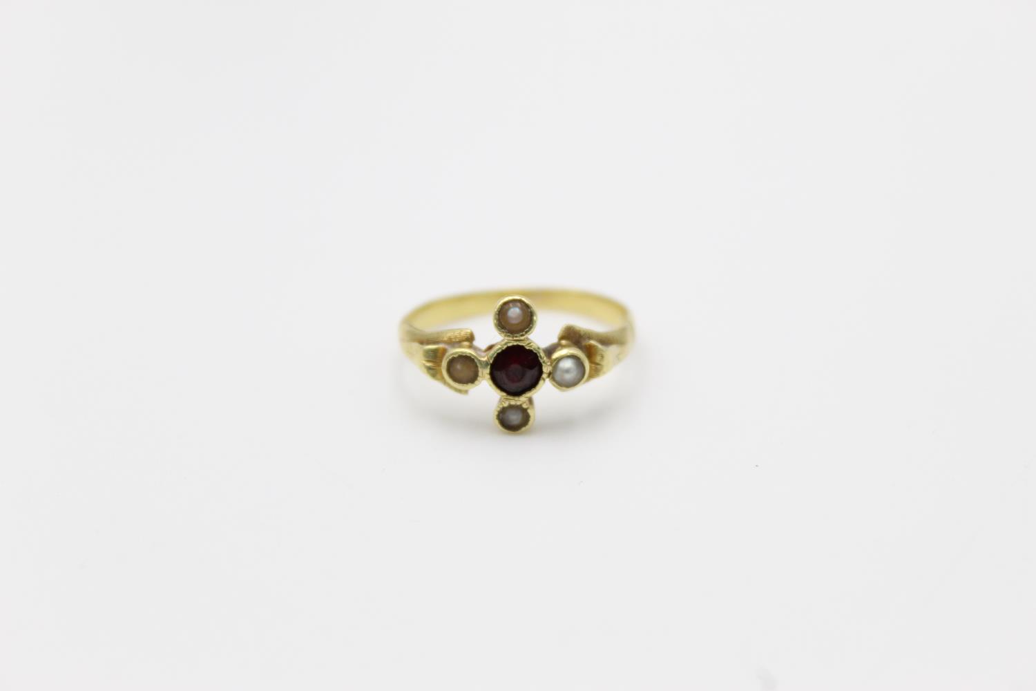 vintage 18ct gold modernist design garnet & seed pearl ring 2.6g Size K