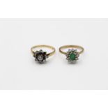 2 x vintage 9ct gold gemstone cluster rings inc emerald, sapphire 5.2g Size P for both