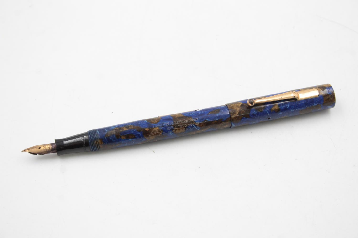 Vintage MABIE TODD Blackbird Blue Fountain Pen w/ 14ct Gold Nib WRITING - Image 2 of 7