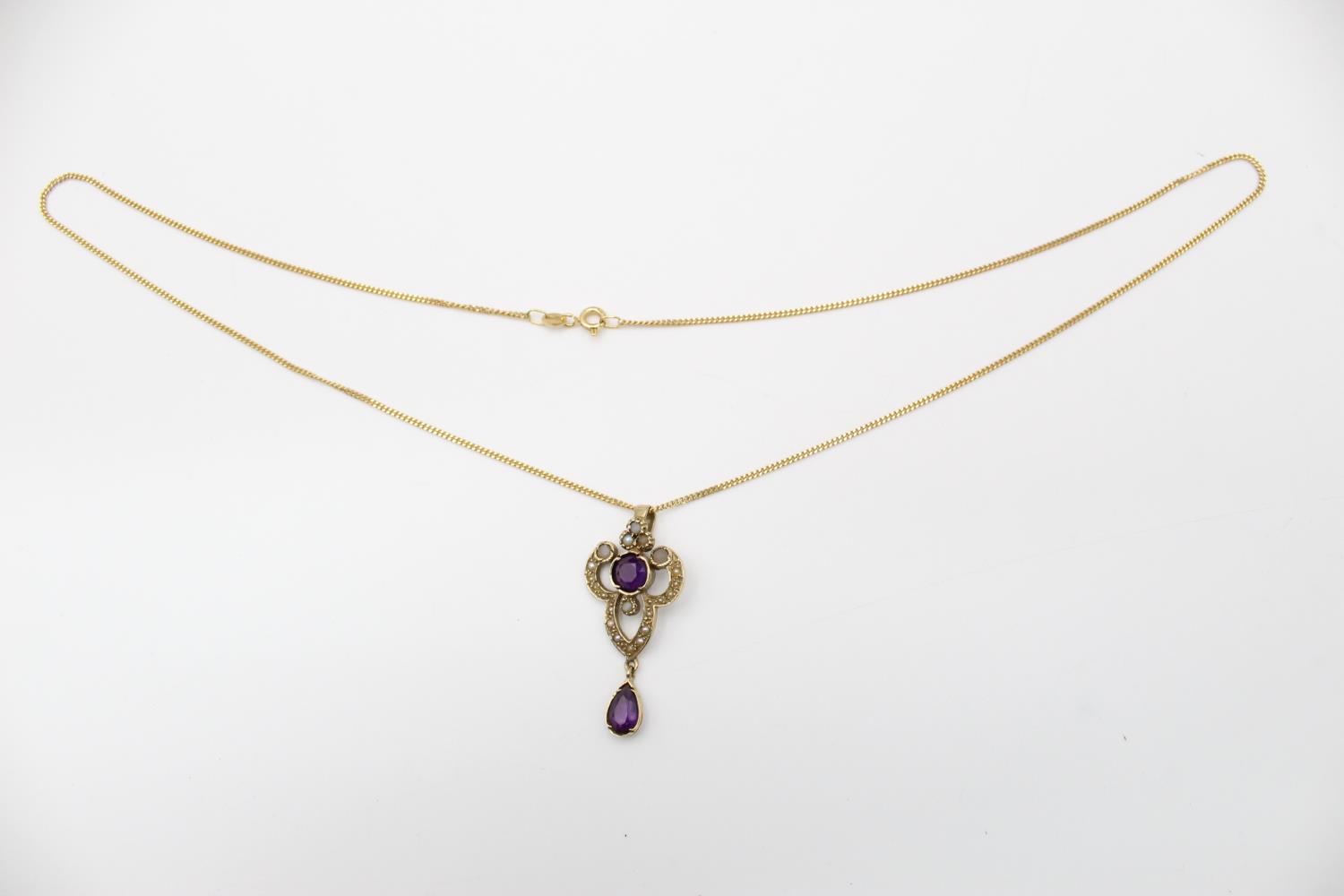 9ct gold amethyst & pearl drop pendant necklace 6.5g - Image 2 of 6