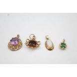 4 x 9ct gold gemstone pendants inc amethyst, opal, garnet 4.6g