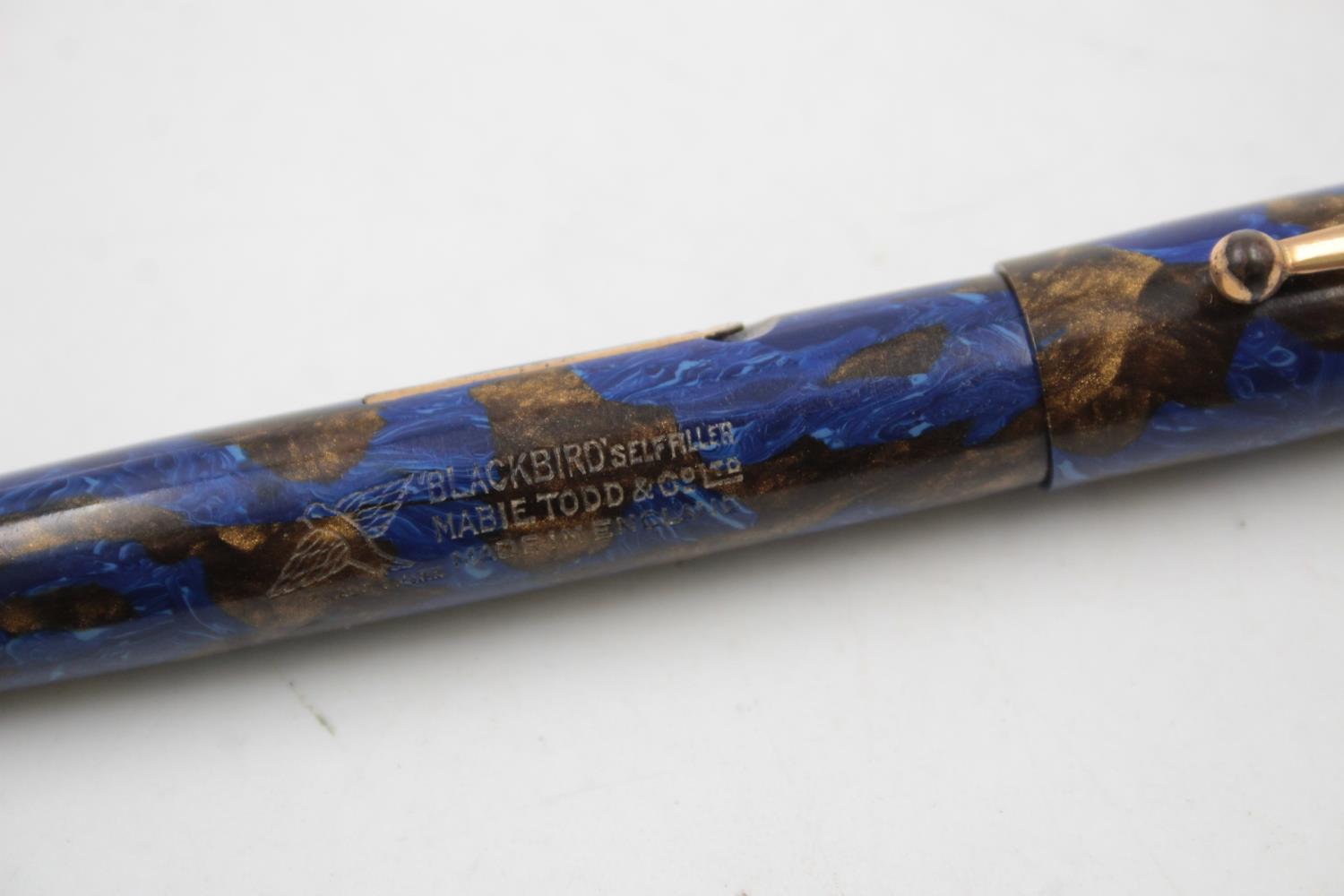 Vintage MABIE TODD Blackbird Blue Fountain Pen w/ 14ct Gold Nib WRITING - Image 4 of 7