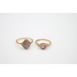 2 x 9ct gold amethyst & diamond rings inc dress 3.4g Size M on the left and size P on the righ