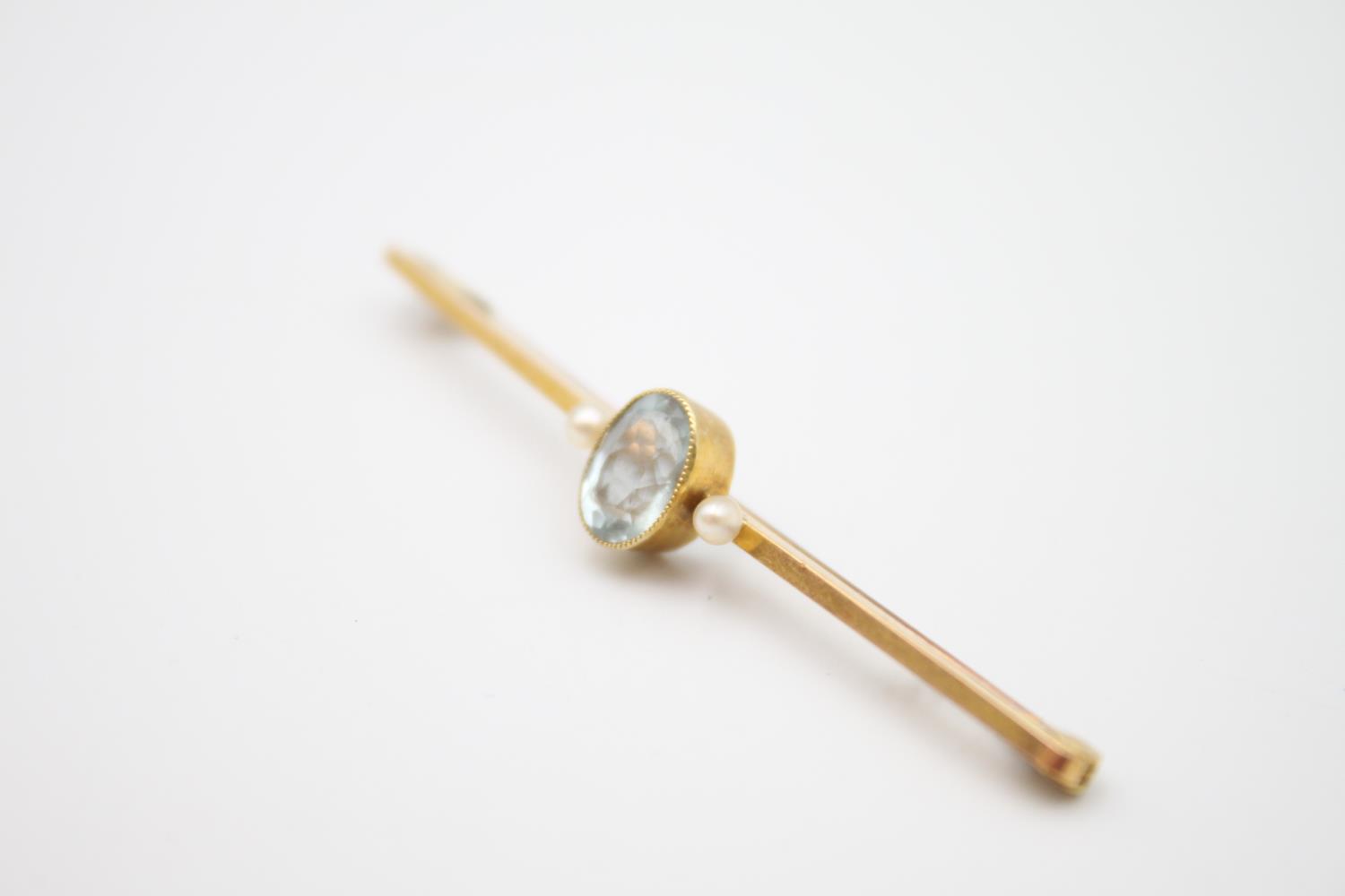 antique 15ct gold aquamarine & seed pearl bar brooch 2.9g - Image 3 of 5