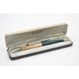 Vintage PARKER 65 Teal FOUNTAIN PEN w/ 14ct Nib, Rolled Gold Cap, Original Box