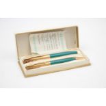 Vintage PARKER 61 Teal FOUNTAIN PEN w/ Rolled Gold Cap, Pencil, Original Box