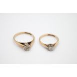 2 x 9ct gold diamond solitaire rings 3.6g Size M on left & H on right