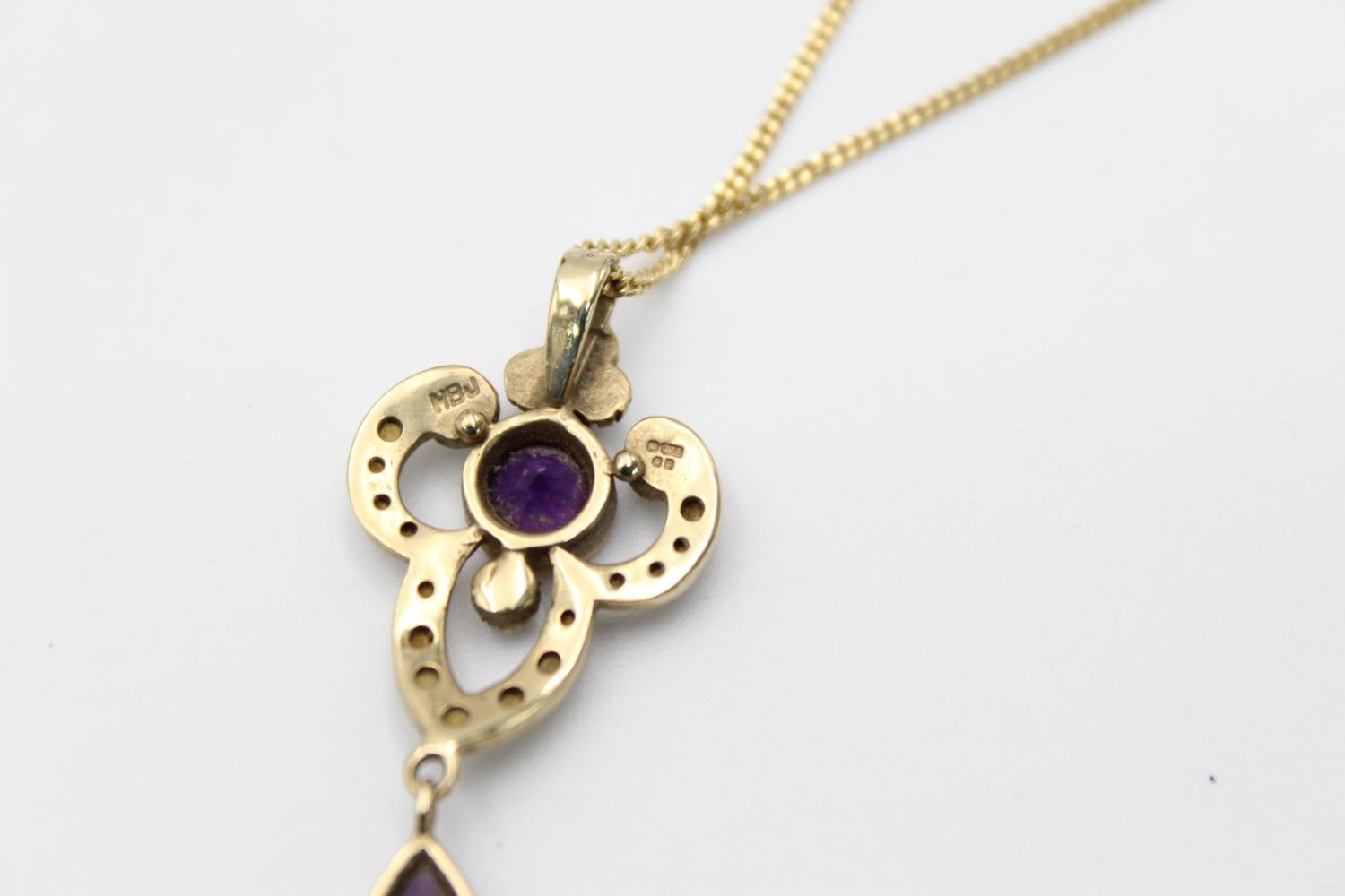 9ct gold amethyst & pearl drop pendant necklace 6.5g - Image 5 of 6