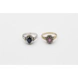 2 x 9ct gold diamond set rings inc sapphire, amethyst 4.8g Size L & N