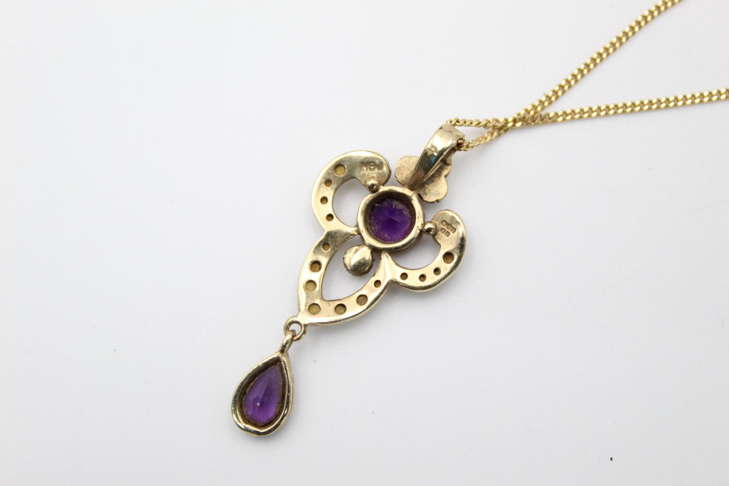 9ct gold amethyst & pearl drop pendant necklace 6.5g - Image 4 of 6