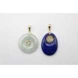 2 x 14ct gold baled Chinese pendants inc jade, lapis lazuli 7.1g