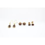 3 x 9ct gold garnet earrings inc studs, drops 5.1g