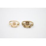 2 x 9ct gold Claddagh rings 4.1g Size K & O