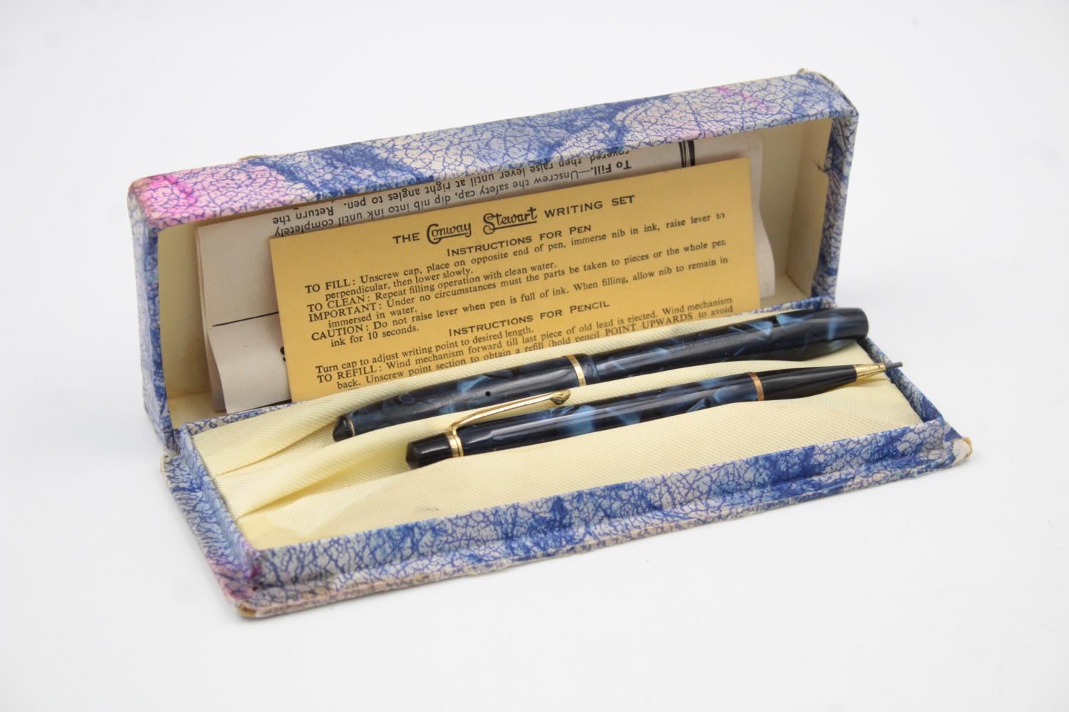 Vintage CONWAY STEWART 15 Blue FOUNTAIN PEN w/ 14ct Gold Nib, Pencil, Box