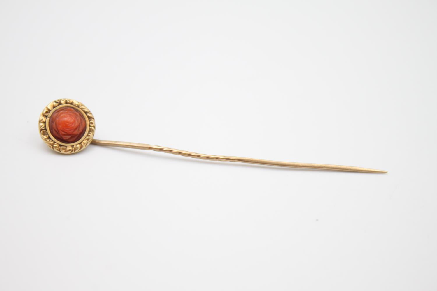 antique 14ct gold carved coral rose stick pin 1.5g - Image 3 of 4