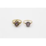 2 x 9ct gold diamond & amethyst rings inc cluster 5.1g Size N & M