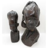 2x hardwood carver ethnic busts 1x 10" and 1x 8" - very heavy