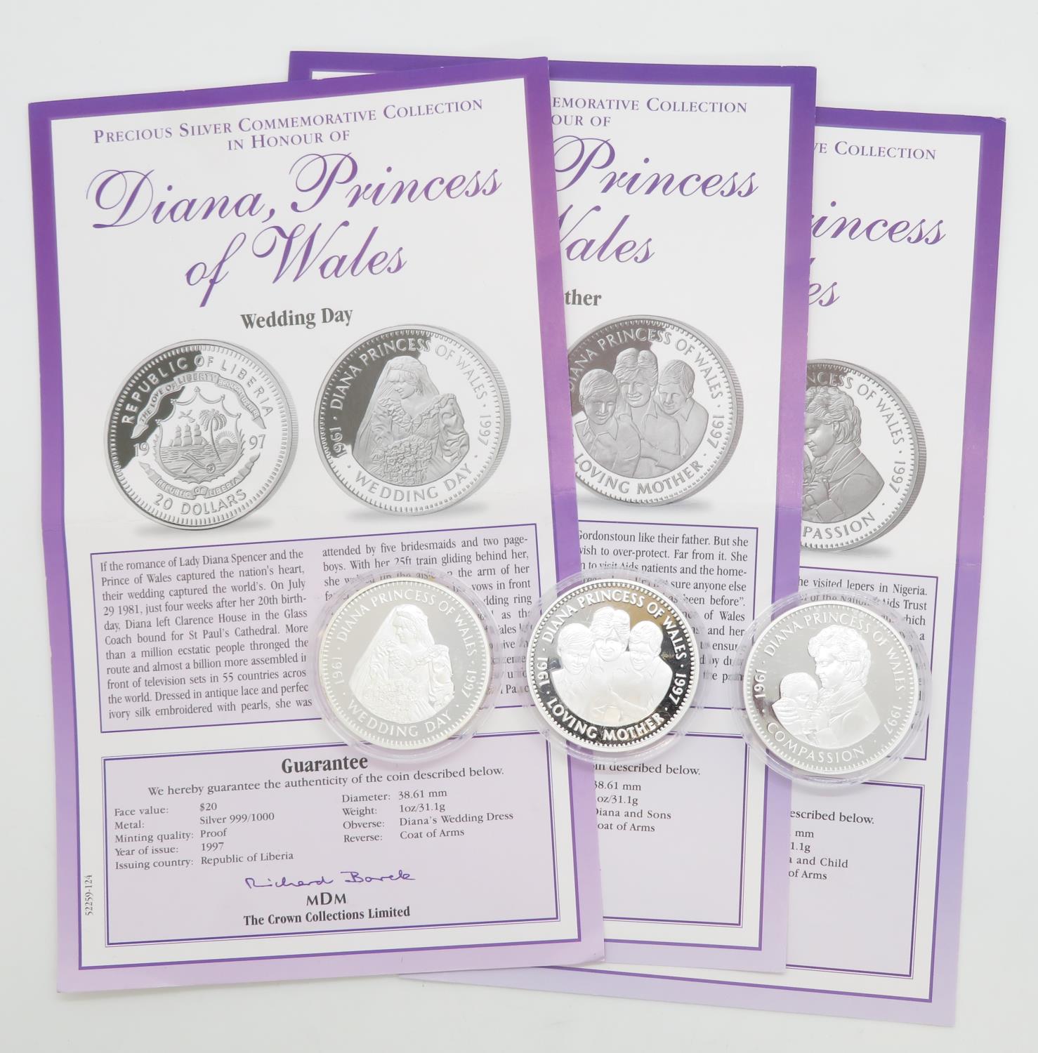 Collection of 3x 1oz Princess of Wales silver coins $20